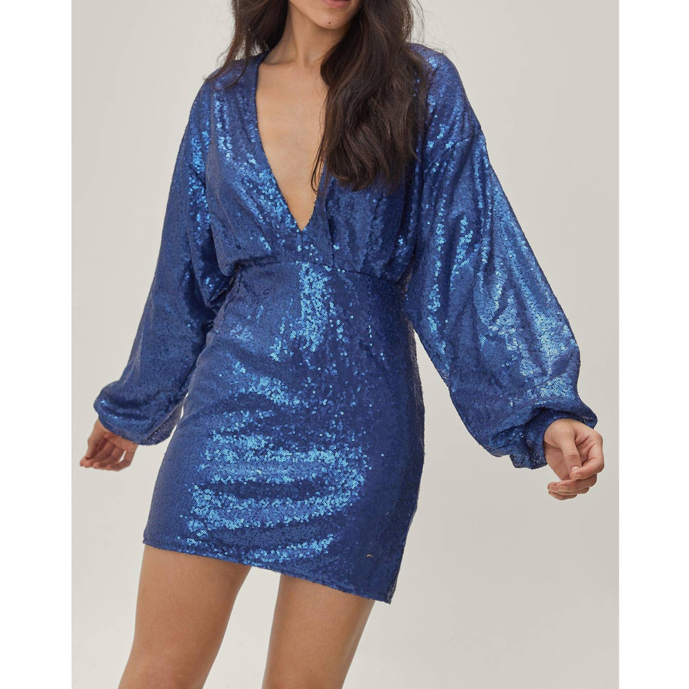 NWT Nasty Gal Plunge Balloon Sleeve Sequin Mini Dress Blue